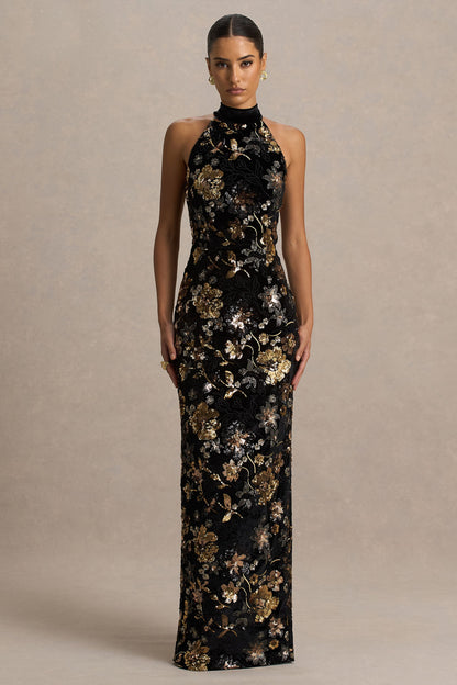 Tate | Black Velvet Halter-Neck Maxi Dress With Bronze Floral Sequin
