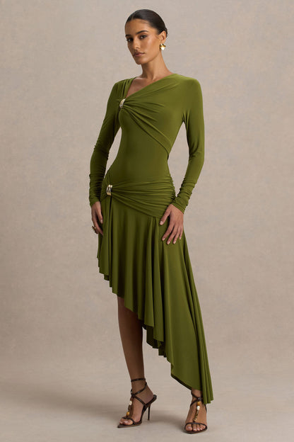 Alexia | Green Asymmetric-Neck Maxi Dress With Embellishment And Ruched Detailing