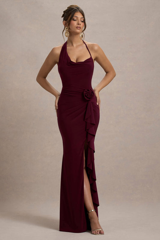 Lucena | Burgundy Cowl-Neck Wrap Maxi Dress With Floral Drape