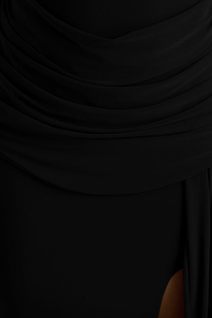 Dynasty | Black Asymmetric-Neck Maxi Dress With Ruched Detailing And Front High-Split