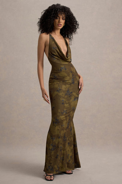 Allana | Yellow Floral Print Cowl-Neck Open-Back Maxi Dress