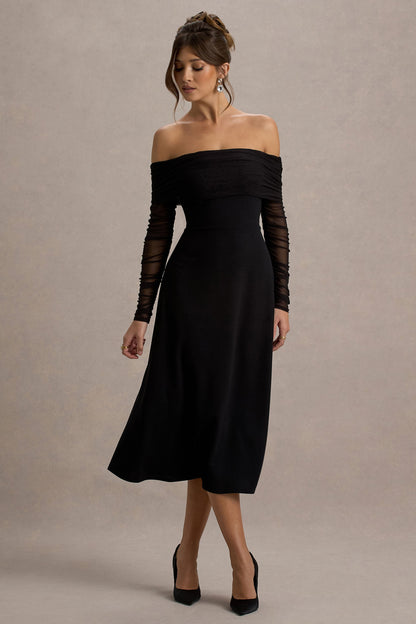 Missy | Black Bardot Long-Sleeve Midi Dress