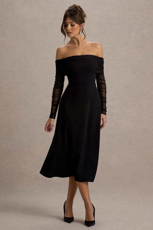 Missy | Black Bardot Long-Sleeve Midi Dress