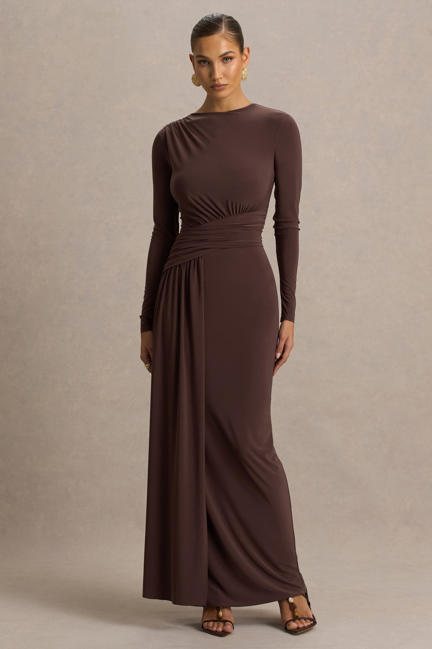 Virelle | Brown Boat-Neck Maxi Dress With Wrap Detail And Sash