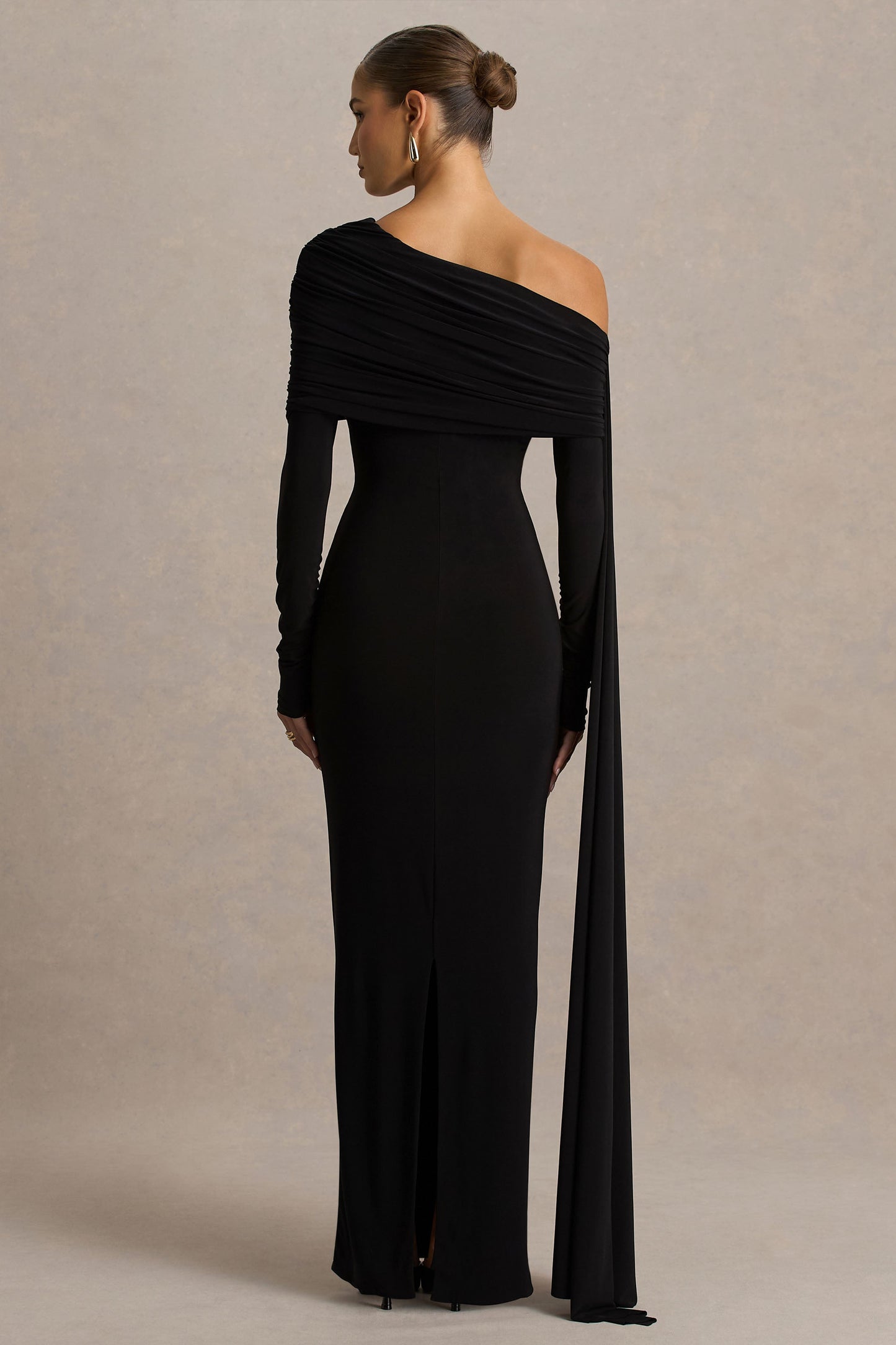 Octavia | Black Bardot-Neck Maxi Dress With Cape And Ruched Detailing