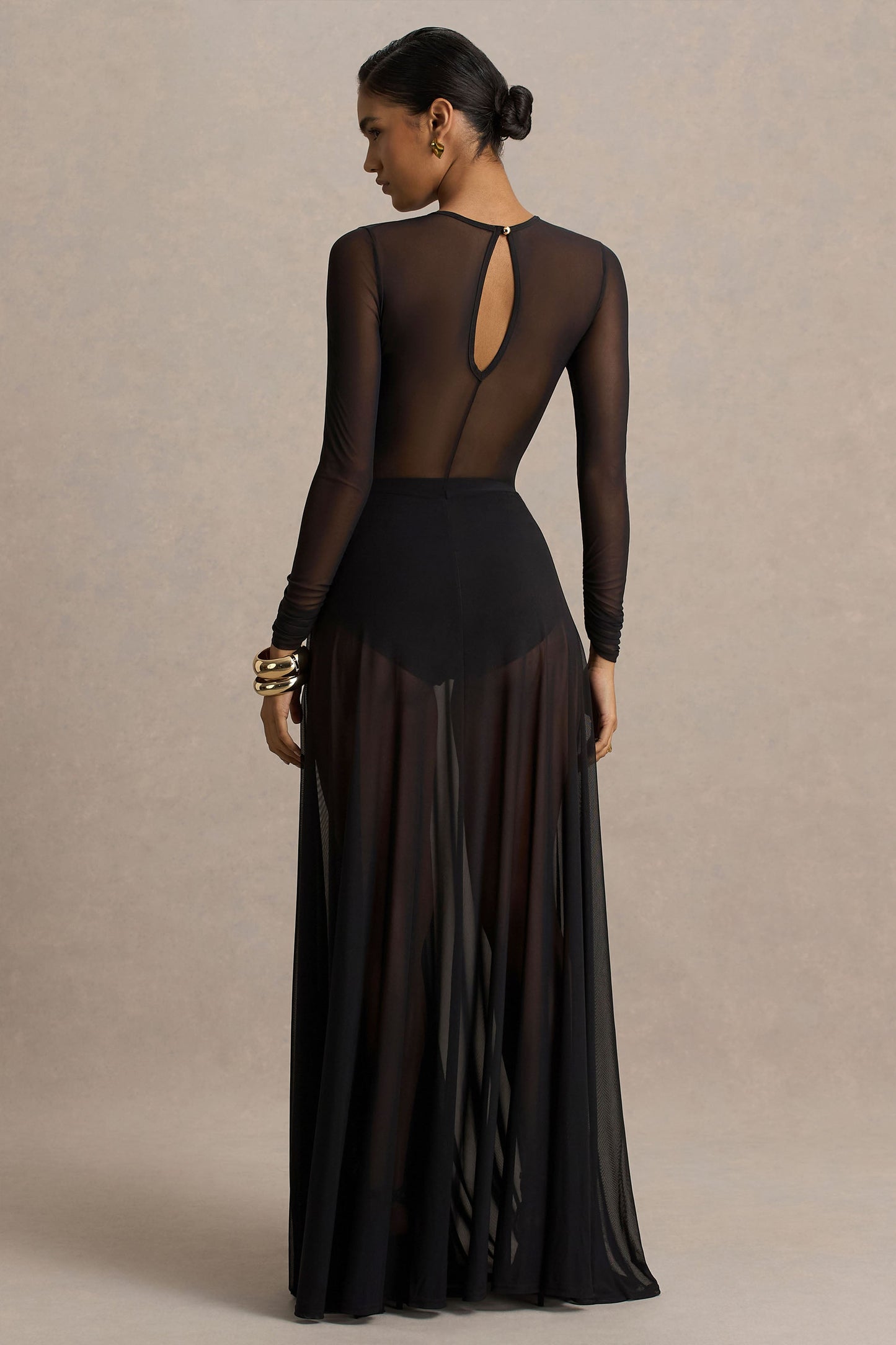 Koami | Black Long-Sleeve Ruched Maxi Dress With High Split
