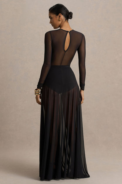 Koami | Black Long-Sleeve Ruched Maxi Dress With High Split