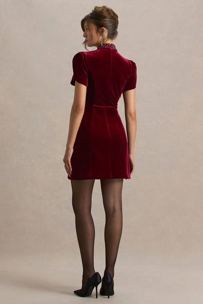 Margot | Burgundy High-Neck Velvet Mini Dress With Embellished Detail