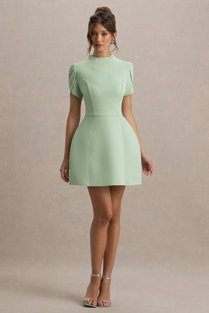 Carabella | Light Green High-Neck Short-Sleeve Mini Dress