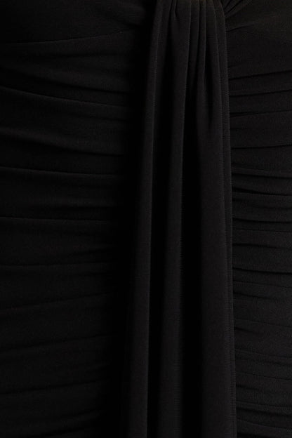 Ivara | Black Plunge-Neck Midi Dress With Ruched Detailing And Sash