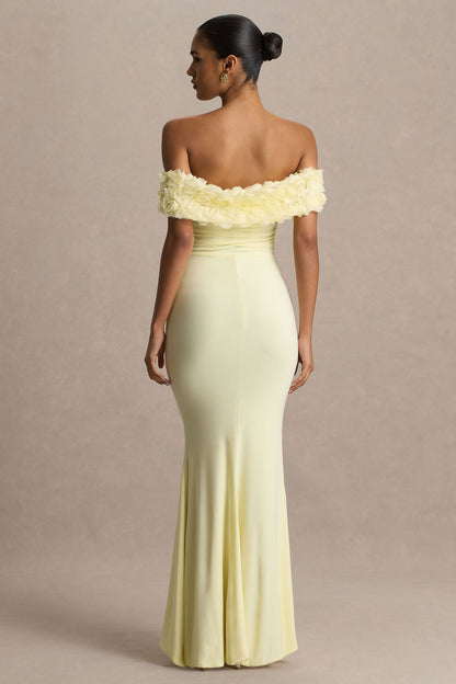 Pastille | Lemon Floral Bardot Maxi Dress With Ruched Detailing