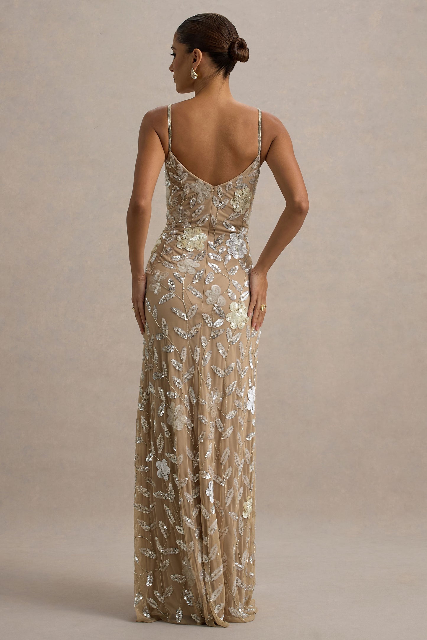 Gemini | Floral Sequin Hand-Embellished Strappy Maxi Dress