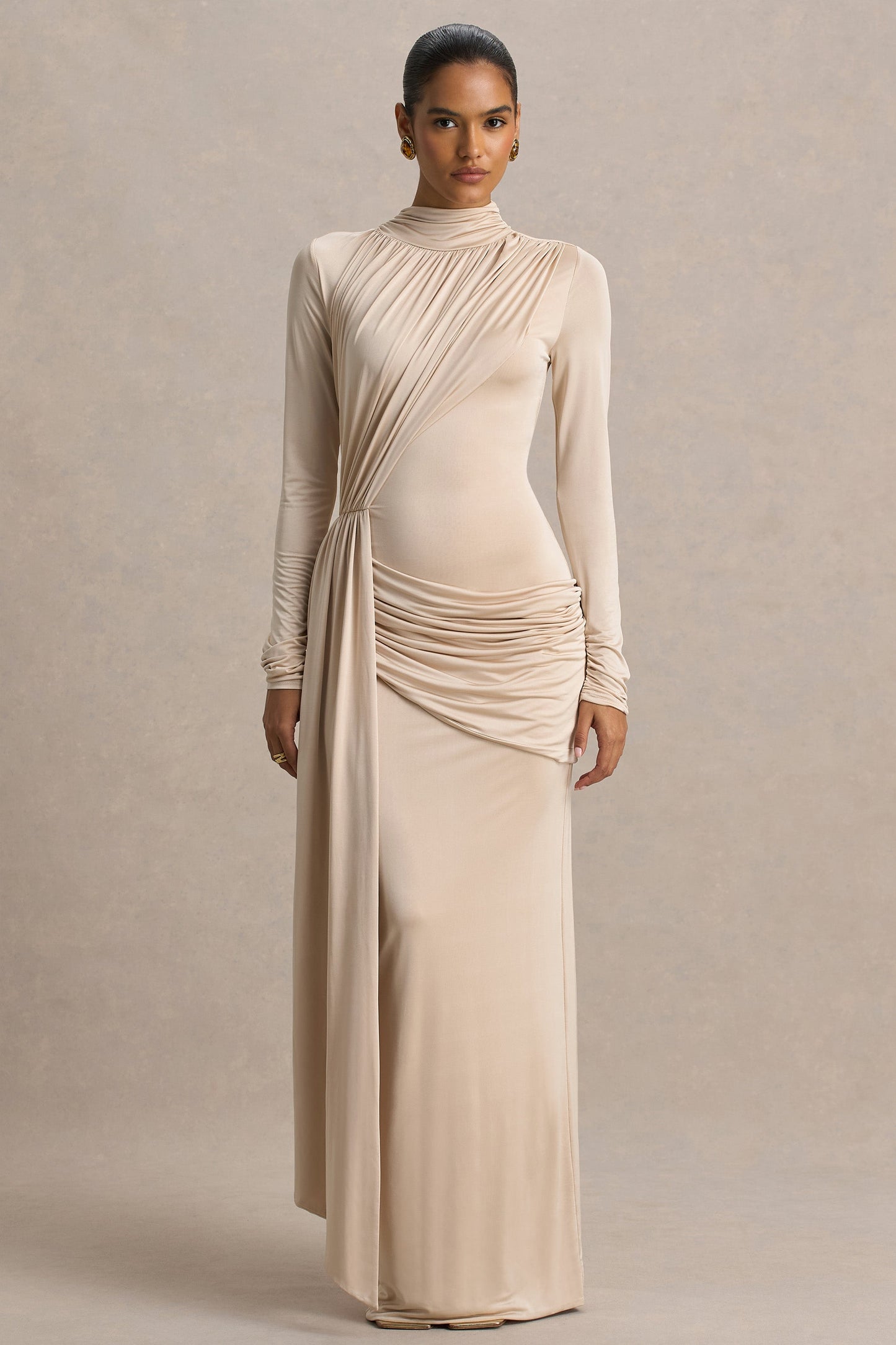 Romi | Champagne High-Neck Maxi Dress With Ruched Detailing