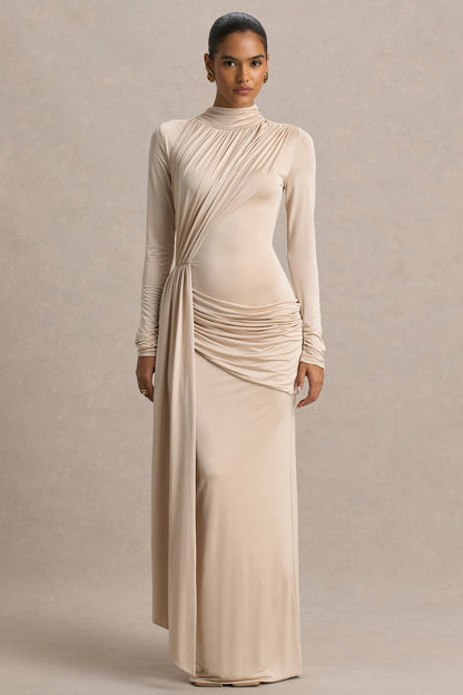 Romi | Champagne High-Neck Maxi Dress With Ruched Detailing