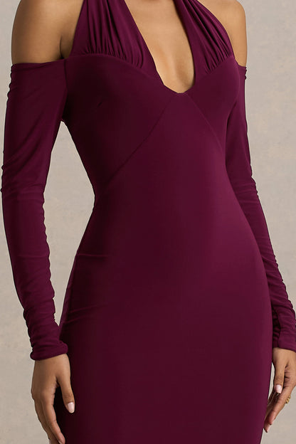 Living High | Burgundy Halter-Neck Maxi Dress With Long Sleeves