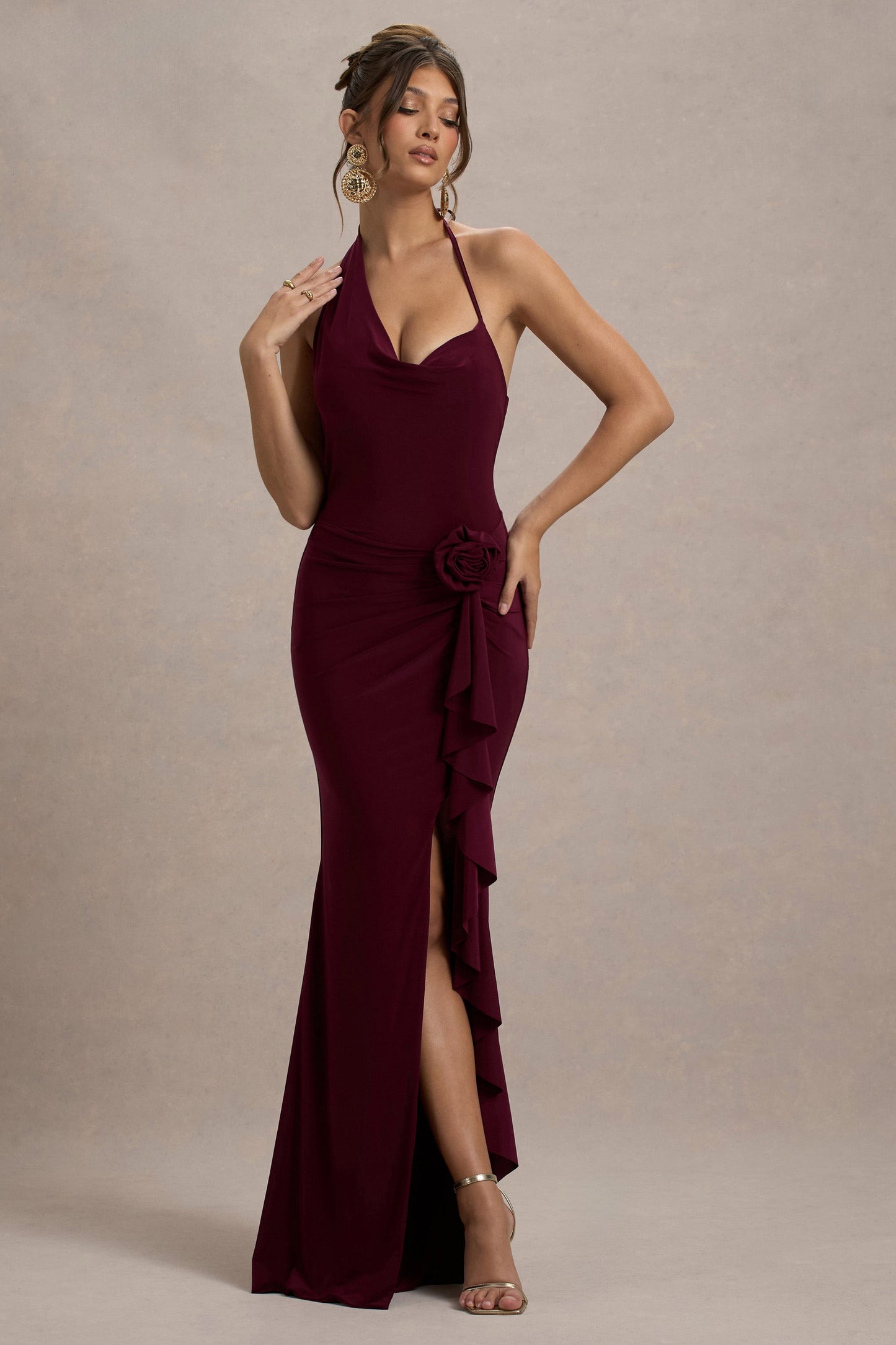 Lucena | Burgundy Cowl-Neck Wrap Maxi Dress With Floral Drape