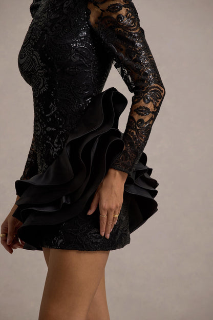 Myka | Black Sequin Long-Sleeve Ruffle Hem Mini Dress