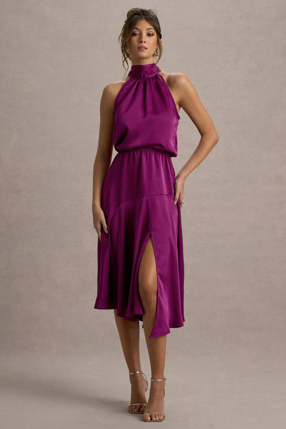 Palonia | Dark Pink Satin High-Neck Split Midi Dress