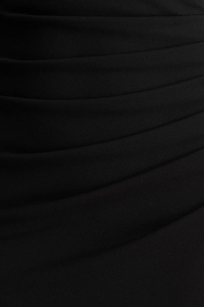 Leah | Black Asymmetric-Neck Midi Dress With Cape-Sleeve And Draped Detailing