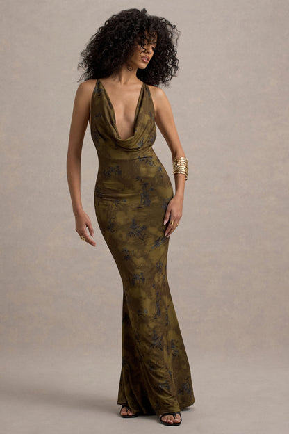 Allana | Yellow Floral Print Cowl-Neck Open-Back Maxi Dress