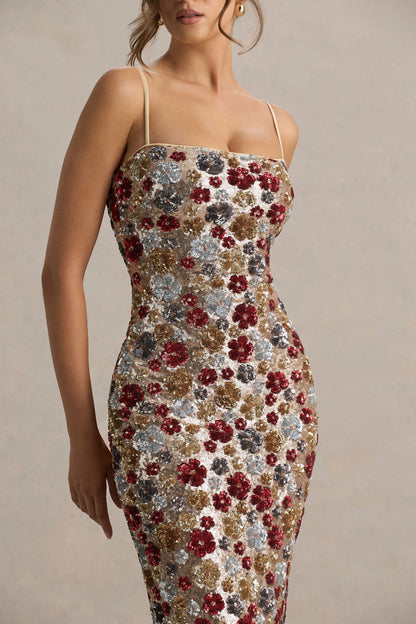 Vitora | Red Floral Sequin Square-Neck Maxi Dress