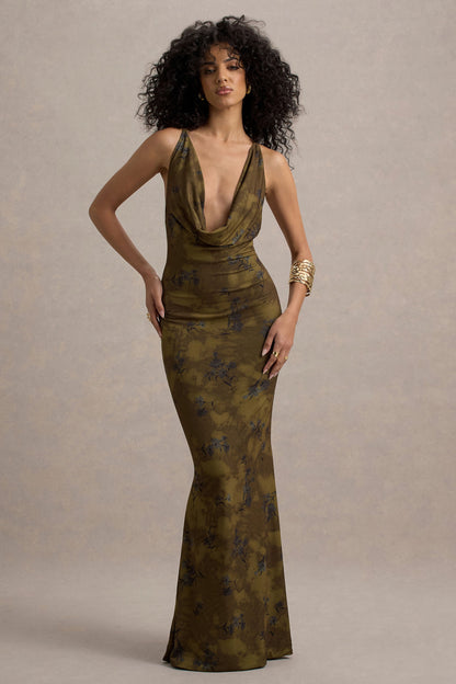 Allana | Yellow Floral Print Cowl-Neck Open-Back Maxi Dress