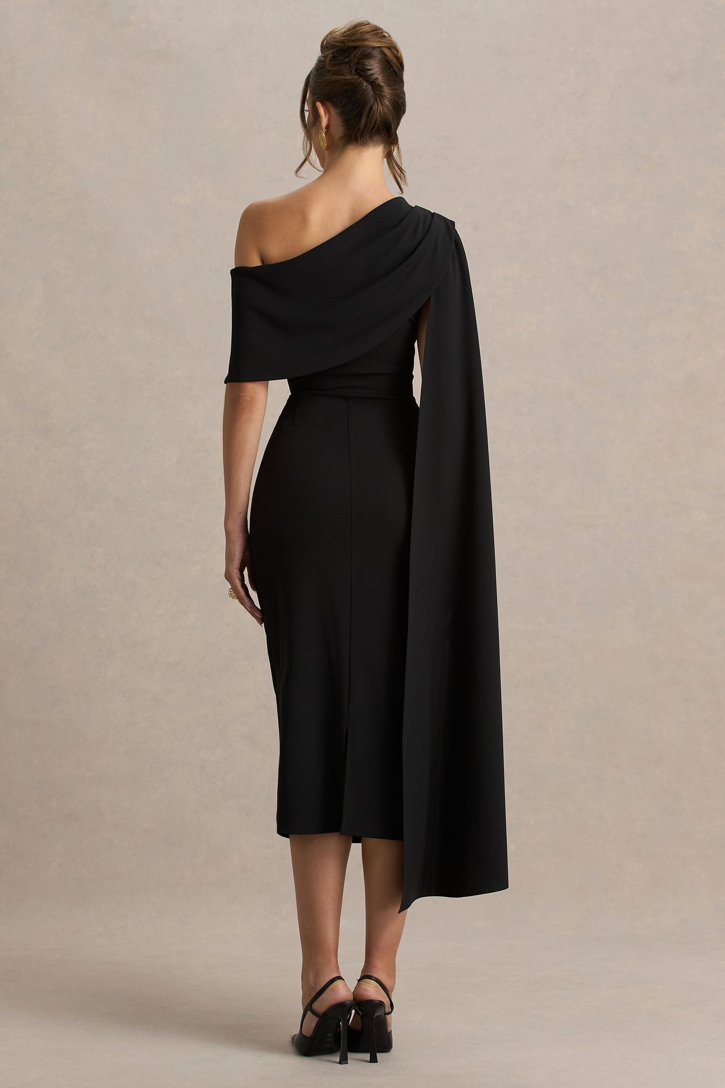 Leah | Black Asymmetric-Neck Midi Dress With Cape-Sleeve And Draped Detailing